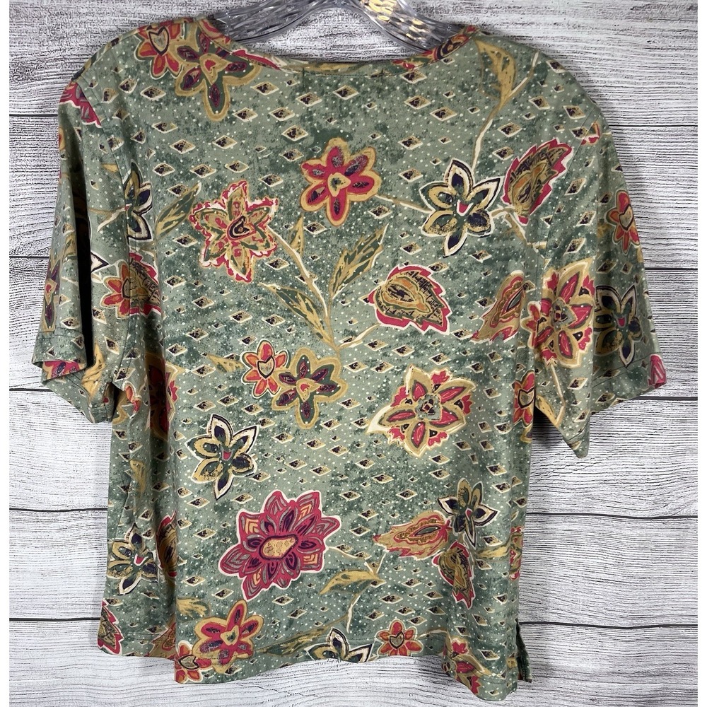 Vintage Petite Sophisticates Womens Large Floral Cottagecore Top Green Pink - Picture 2 of 5